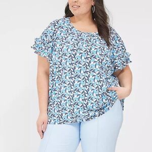 Lane Bryant Blue & White Lotus Floral Ruffle Flutter Short Sleeve Top 20W